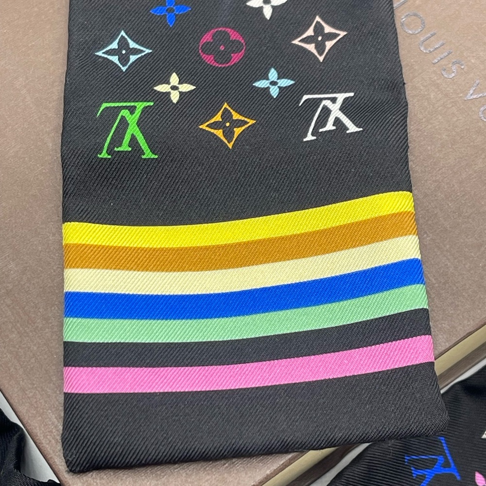 Louis Vuitton x Takashi Murakami Multicolor Noir Bandeau Neckerchief Scarf Wrap - Picture 12 of 15